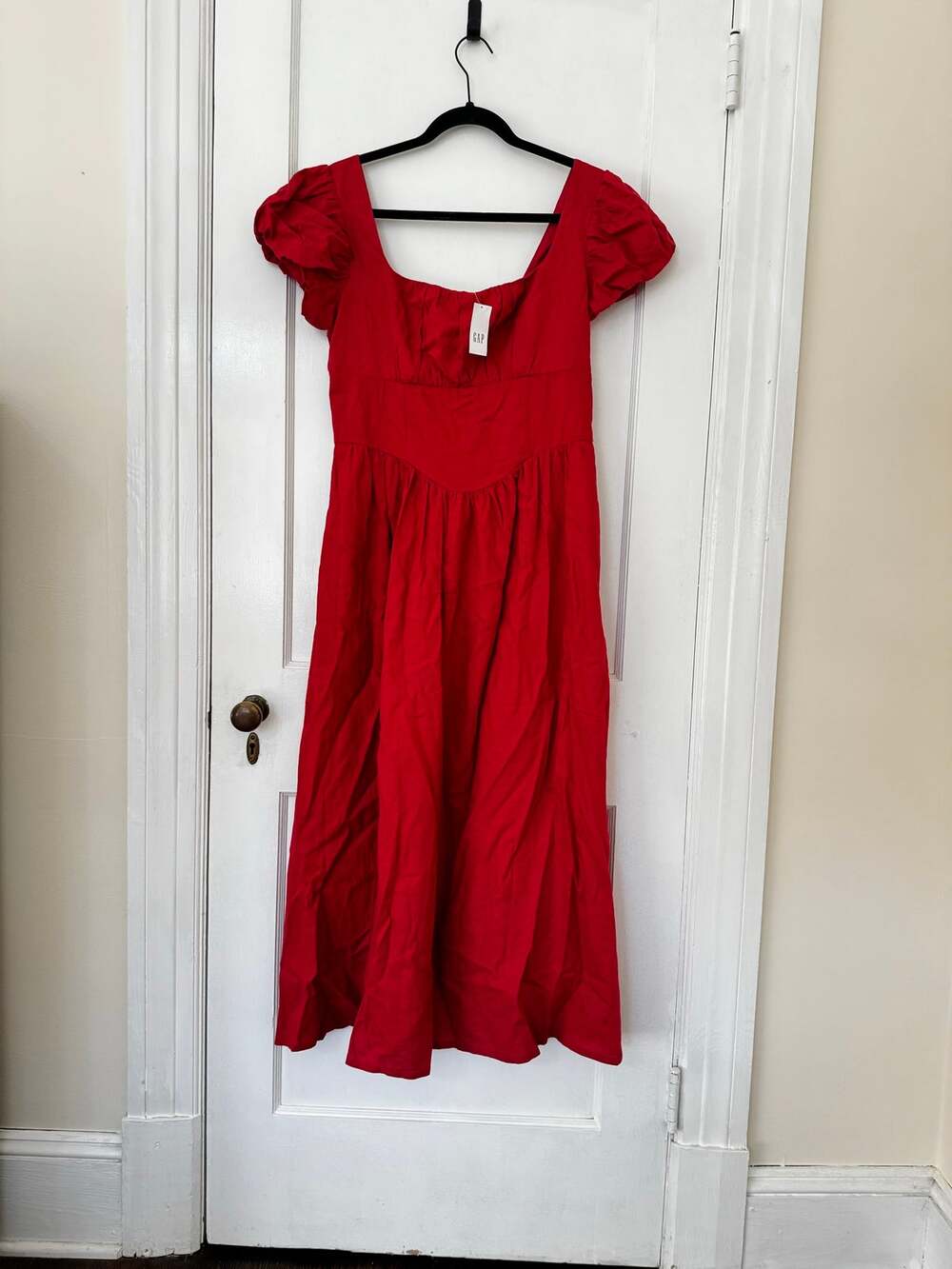 GAP Red Puff Sleeve Corset Waist Midi Dress Size Small NWT